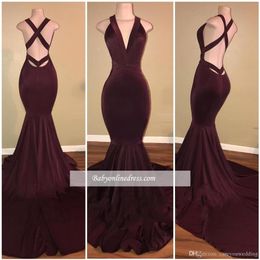 African Black Girls Burgundy 2k19 Mermaid Prom Dresses Deep V Neck Open Back Simple Floor Length Formal Evening Dresses Party Gown2816