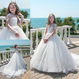 Vintage Sheer Jewel Lace Appliques Tulle First Communion Dress Ball Gown Long Sleeve Flower Girl Dresses With Pearls203u