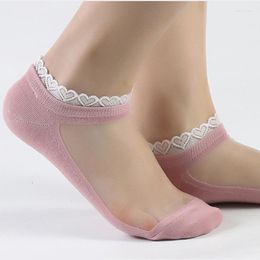 Women Socks Calcetines Mujer Spring/Summer Cute Love Shap Lace Transparent Femme Breathable Glass Silk Harajuku Crystal Meias