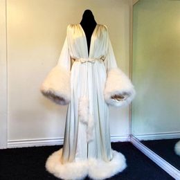 Women's Evening Dresses Robe Nightgown Bathrobe Pajamas Sleepwear With Fur Train Long Sleeve Jackets Bridesmaid Shawel231b