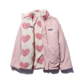 Women's Jackets Double-sided heart shape design lamb plush women's coat cotton clothes winter warm windproof jacket street Y2K clothing 230721