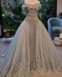 2023 Aso Ebi Silver Sheath Prom Dress Sequined Lace Evening Formal Party Second Reception Birthday Engagement Gowns Dresses Robe De Soiree ZJ759