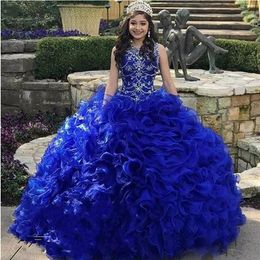 Tiered Cascading Ruffles Royal Blue Quinceanera Dresses Jewel Neck Crystal Organza Sweet 16 Dress with Fee Crown Vestidos 15 300A