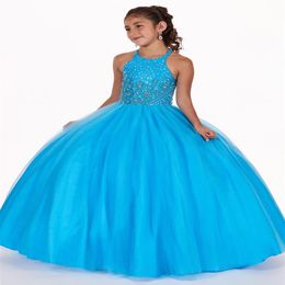 Halter Blue Little Girls Pageant Dresses Party Dance Birthday Gowns Crystal Sequins Girl Communion Dress Formal Flower Girls Dress274R