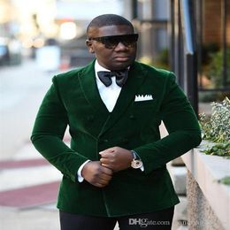 New Arrivals Double Breasted Dark green Velvet Groom Tuxedos Groomsmen Peak Lapel Man Blazer Mens Wedding Suits Jacket Pants264K