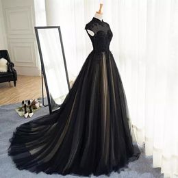 Black and Champage Short Sleeve High Neck A Line Wedding Dress Gothic Modest Muslim Lace Bridal Gowns Custom Made Appliques Tulle 249N