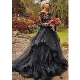 Modest Black Gothic Two Pieces Wedding Dresses Jewel Neck Illusion Top Full Sleeve Chapel Wedding Gowns Tiered Ruffles Country Bri200B