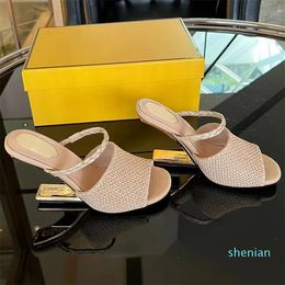 Pale yellow high heeled sandals Woven metal shaped heels dress shoes Fashion carved slip sleeves open toe high heel slippers Luxury Designer women's shoes