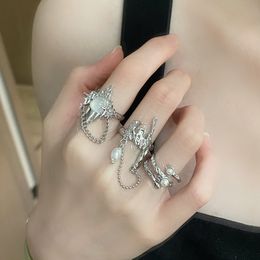 Wedding Rings 3 Pcs Irregular Tassel Moonstone Rings Set Y2K Cross Star Opal Stone Ring Aesthetics Egirl Imitated Pearl Chain Rings for Women 230724