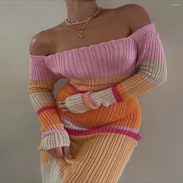 Casual Dresses Ladies Temperament Knitted Autumn Leisure Style Contrast Colour Long Dress Stripes Off Shoulder Sleeve Slim Fit Skirt