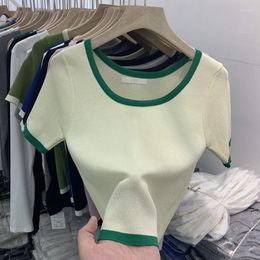 Women's T Shirts Colour Matching Knitted Short Sleeved Square Neck Solid Women Top Ice Silk Thin Slim Pullover Korean Fashion Crop Tops P119