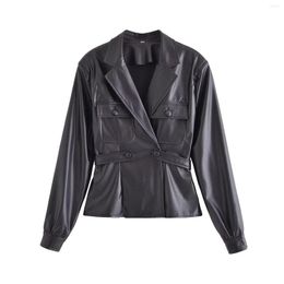 Women's Leather Women Fashion With Belt Pockets PU Black Blazer Vintage Notched Neck Long Sleeves Female Chic Lady Outfits