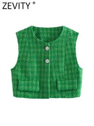 Women's Jackets Zevity Women Fashion O Neck Sleeveless Green Houndstooth Short Vest Jacket Ladies Diamond Buttons Casual WaistCoat Tops CT1752 L230724