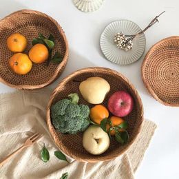 Storage Bottles Handwoven Round Rattan Fruit Basket Wicker Picnic Tray Food Bread Organiser For
