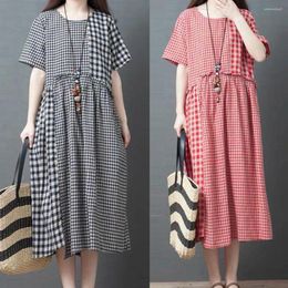 Casual Dresses Female Clothing Party Festival Fashionable Plaid Print Round Neck Bundle Waist Summer Suit Set Women Simple Dress Vestidos