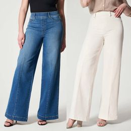 Women Seamed Front Wide Leg Jeans Elastic Waist Stretch Denim Flare Jeans High Waisted Baggy Bell Bottom Jeans 2307242