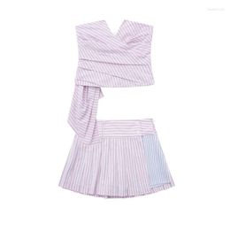 Women's Tracksuits Woman Elegant Pink Slim Strapless Tanks Suit 2023 Summer Female Irregular Striped Tank Sets Girls A-line Skirt Shorts