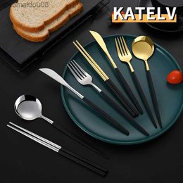 16 Pcs Black Gold Cutlery Set Chopsticks Knife Fork Spoon Golden Stainless Steel Korean Dinnerware Color matching Tableware Set L230704