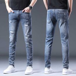 Men's Jeans Ripped Jeans Men Slim Fit Stretch Light Blue Hip Hop Distressed Jeans Streetwear Patchwork Men's Luxury Clothing Denim Pants L230724