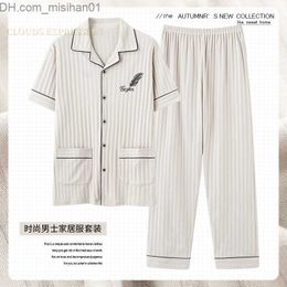 Men's Sleepwear L-5XL Summer Elegant Pajamas Knitted Cotton Men's Pajamas Set Long Pants Pajamas Plus Size PJ Pajamas Z230725