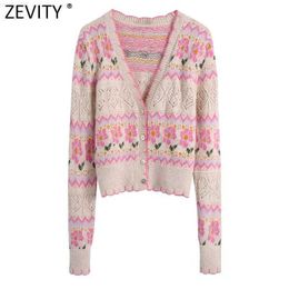 Women's Jackets Zevity Women Sweet V Neck Floral Patchwork Print Jacquad Knitting Sweater Femme Chic Long Sleeve Button Cardigan Coat Tops SW943 L230724
