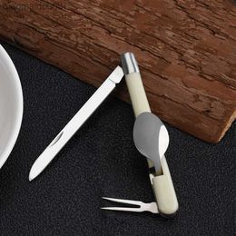 Milky White Folding Portable Stainless Steel Camping Picnic Cutlery Knife Fork Spoon Flatware Tableware Travel Kit Pocket Fork L230704