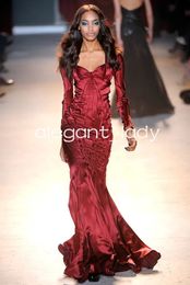 Burgundy Stain Ruched Pleated Prom Dresses with Long Sleeve V-neck Full Length Mermaid Evening Celebrity Occasion Gown