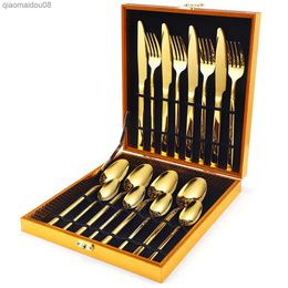 16Pcs/set Gold Flatware Set With Gift Wooden Box Stainless Steel Dinnerware Cutlery Set Black Kitchen Tableware Silverware Sets L230704