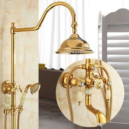Bath and Shower Faucet Gold Brass and Jade Bath Shower Set Brass Wall Mounted Rainfall Shower & Hand shower Faucet Set