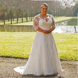 Plus Size Wedding Dress Open Back Garden New Transparent 3 4 Sleeve Lace A Line Sweep Train Appliques Bridal Gowns Custom Made253h