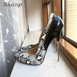 Dress Shoes Tikicup Snake Pattern Women Patchwork 16cm Extremely High Heels Plus Size 35-46 Pointed Toe Metal Stilettos Crossdressing