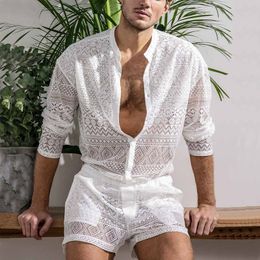 Men's Tracksuits Summer Set Men Long Sleeve Tshirt Shorts Casual Holiday Beachwear Lace Sexy Top and Pants Two Piece Sets Man Matching Outfits 230724