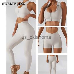 Yoga Outfit Chest Zipper Yoga Suit Women's Tracksuits Seamless Gym Workout Clothes 2 PCS Sexy Sportswear High Waist Leggings Bra Sports Set J230725