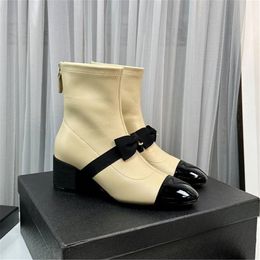 Top Design Winter Boots 2023 Channel Fashion Women Vintage Decorative Leather Cotton Cloth Wool Warm Keeping High Heel Thick Sole Snow Flat Socks Shoes 02-01