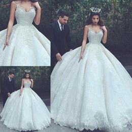 Luxury Ball Gown Church Wedding Dresses with Full Length Sexy Spaghetti Lace Applique Ruffle Bridal Gowns Custom Made225o