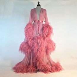 Pink Womens Robe Feather Nightgown Bathrobe Sleepwear Bridal Robe with Belt V Neck Party Gifts Bridesmaid Dress214t