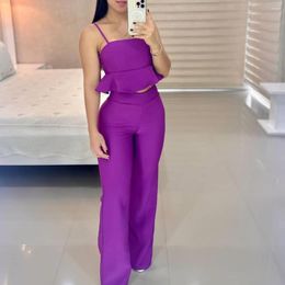 Women's Two Piece Pants Bra Strap Suit Sexy Ruffled Hem High Waisted Solid Colour Straight Trouser Fashion Casual Slim Fit Set 2 Pieces