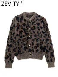 Women's Jackets Zevity Women Vintage O Neck Leopard Pattern Short Jacquard Knitting Sweater Female Chic Long Sleeve Cardigan Coats Tops CT3144 L230724