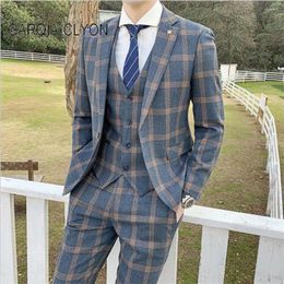 Men's Suits 3 Pieces Suit Blazer Vest Pants Plaid Slim Fit Leisure High Quality Tuxedos Wedding Costume Party Prom Dress Male