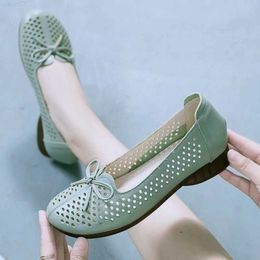 Dress Shoes Green Womens Flats Bow Knot Women's Loafer Cut Out Summer Breathable Slip On Shoes Woman Flats Comfortable Shallow Mom Shoes L230724