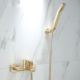 Bathtub Shower Set Wall Mounted Brushed Gold Bath and Shower Faucet Bathroom Cold and Hot Bath and Shower Mixer Tap Brass