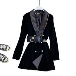 New design womens fashion turn down collar velvet fabric with waist bag sashes double breasted short blazer dress SML