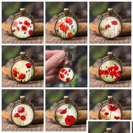 Key Rings Fashion Art Keychain Women Jewelry Antique Bronze Pendant Wild Red Flower Pattern Cabochon Glass Summer Chains Drop Delivery Dh2Gr