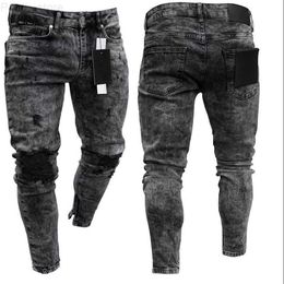 Men's Sweatpants Sexy Hole Jeans Casual Foot zipper Male Ripped Skinny Trousers Black Biker Pencil Long Pants 220314 L230724