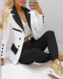 Women's Jackets 2022 Women Turn Down Collar Double Breasted Long Sleeve Blazer Coat Plain Pants Set Two Piece Elegant Suit Office Lady Outfits L230724