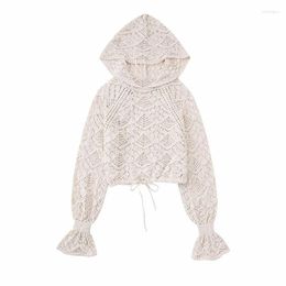 Women's Sweaters Girls Casual Beige Crochet Hooded Crop Pullover 2023 Spring Woman Sweet Hollow Out Knit Hoodies Solid Drawstring Short