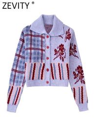 Women's Jackets Zevity 2022 Women Vintage Geometric Patchwork Flower Crochet Short Knitting Sweater Female Chic Buttons Casual Coat Tops CT2636 L230724