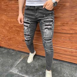 Men's Jeans Hip-hop Stitching Frayed Men Skinny Jeans Ripped Hole Motorcycle Stretch Slim Streetwear Biker Jeans Denim Pants Fashion L230724