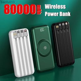 Wireless Power Bank 80000mAh Portable Charger Fast Charging Digital Display External Battery Pack Built in 4Cables for iphone mi L230619