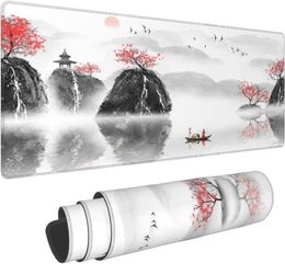 Japanese Cherry Blossom Asia Sunrise Pad Non Slip Rubber Base Mouse Pad Sewn Edge Table Pad Extended Mouse Pad 31.5x11.8 In